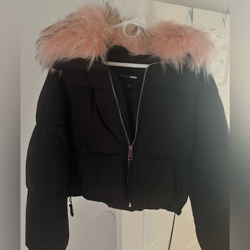 Black coat with pink fur collar